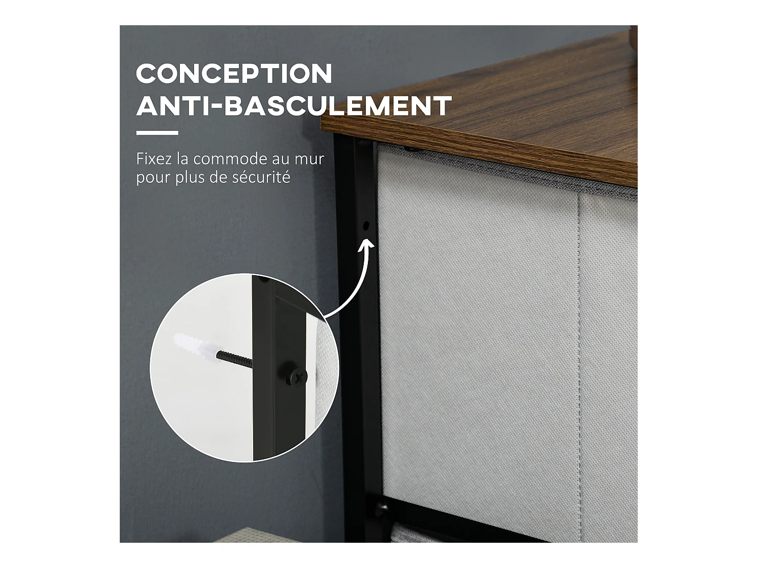 Commode meuble de rangement 8 tiroirs pliables châssis acier noir plateau aspect bois non tissé gris