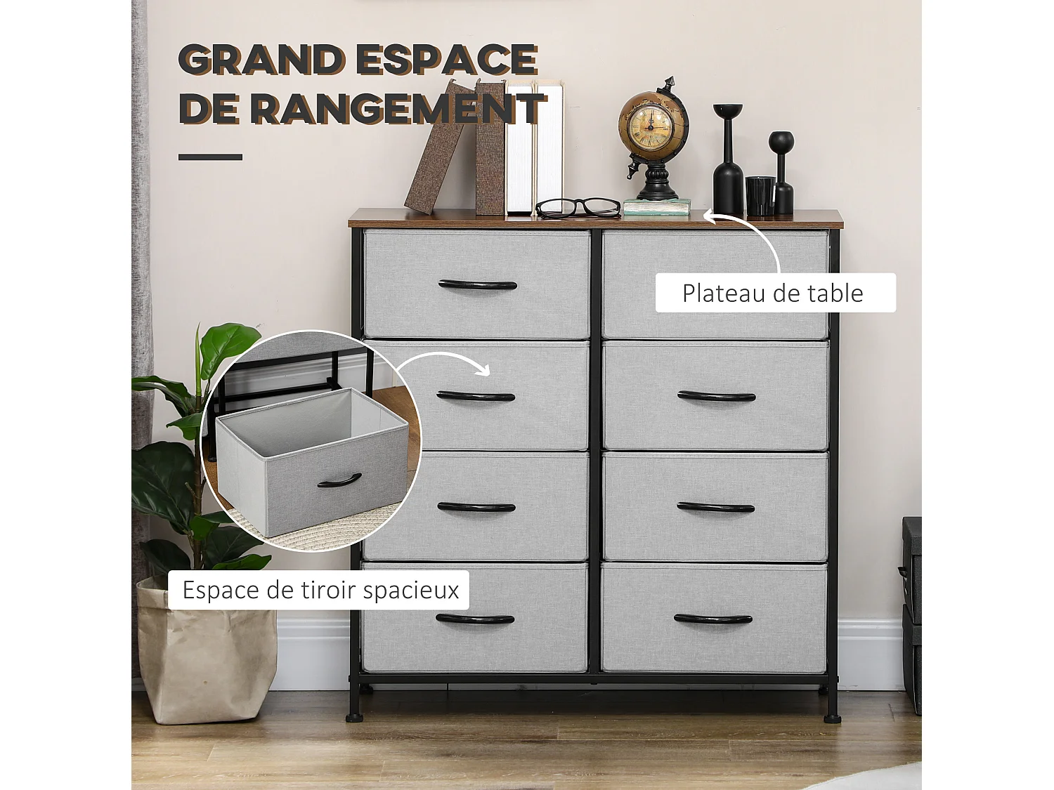 Commode meuble de rangement 8 tiroirs pliables châssis acier noir plateau aspect bois non tissé gris