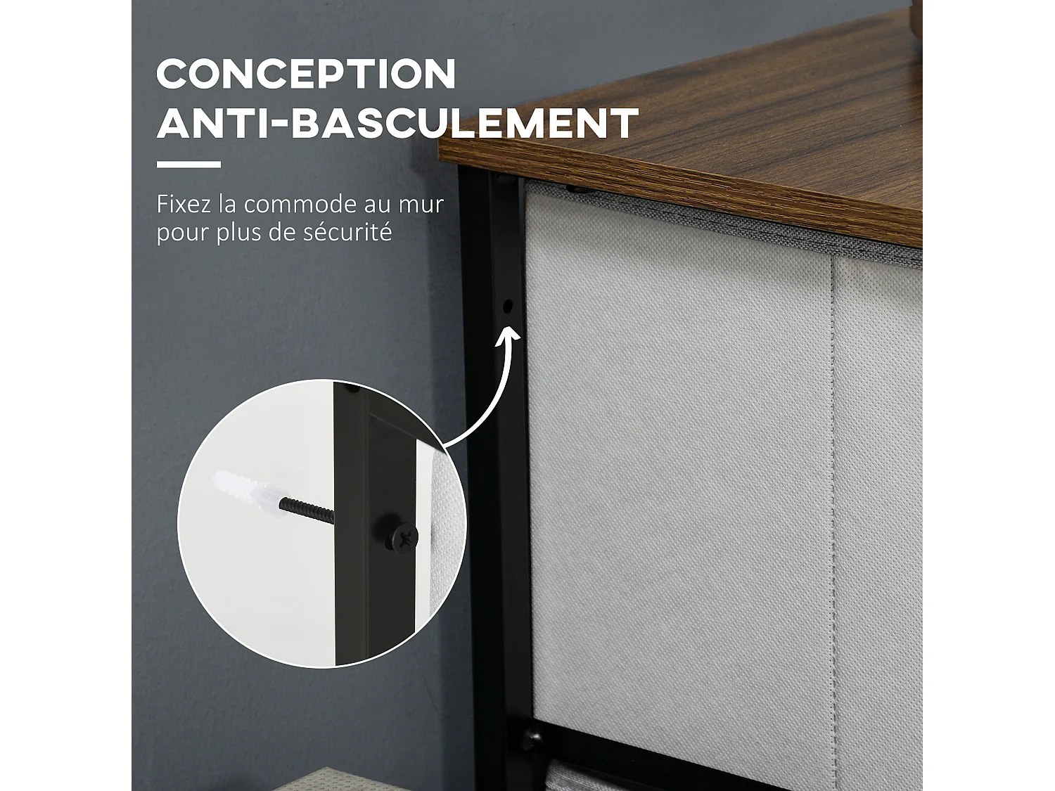 Commode meuble de rangement 8 tiroirs pliables châssis acier noir plateau aspect bois non tissé gris