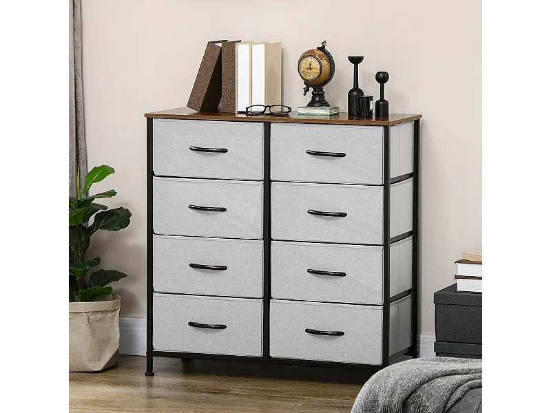 Commode meuble de rangement 8 tiroirs pliables châssis acier noir plateau aspect bois non tissé gris