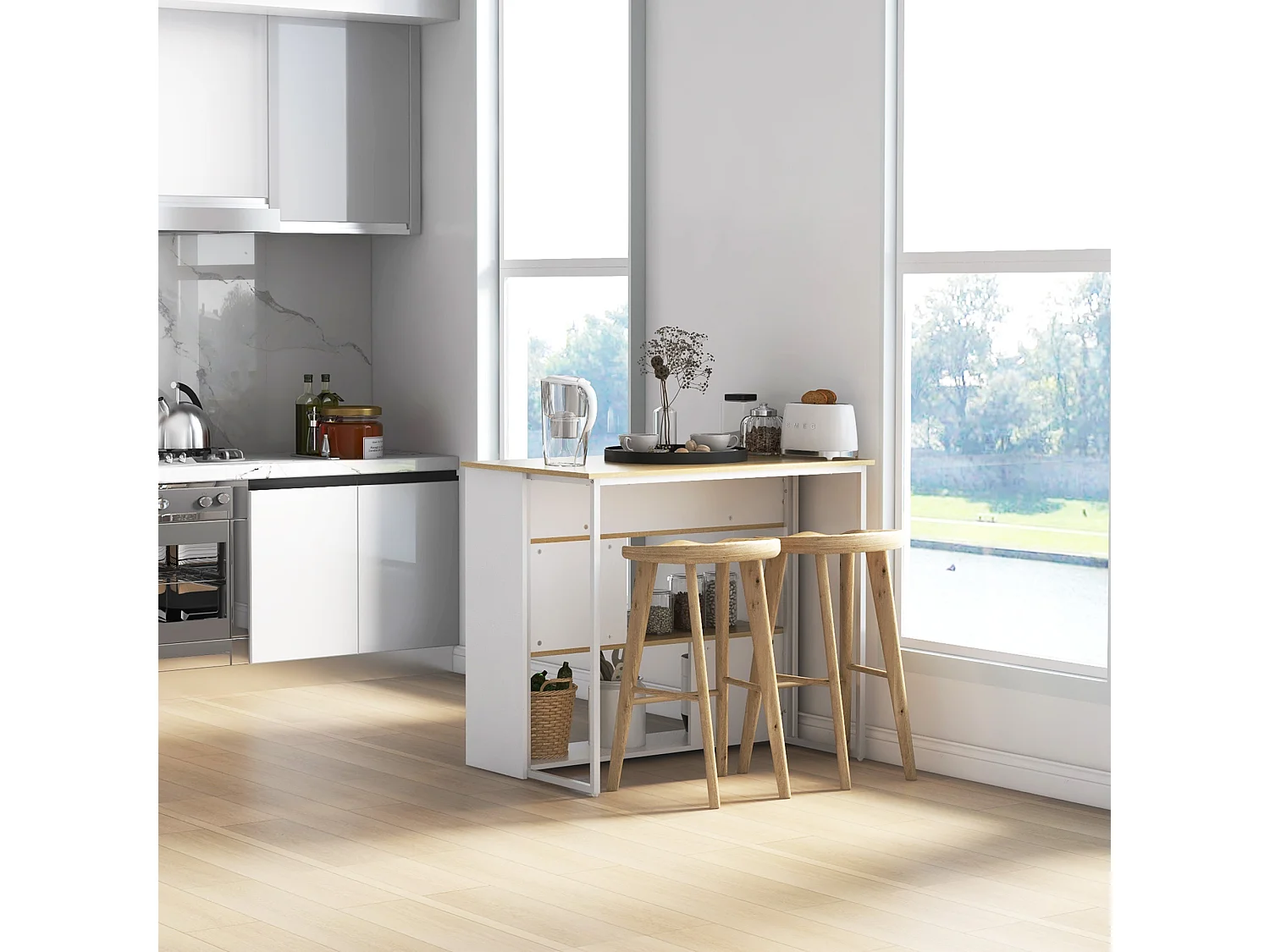 Ilot de cuisine table de bar - 3 étagères, porte-couteaux acier inox. - blanc aspect chêne clair