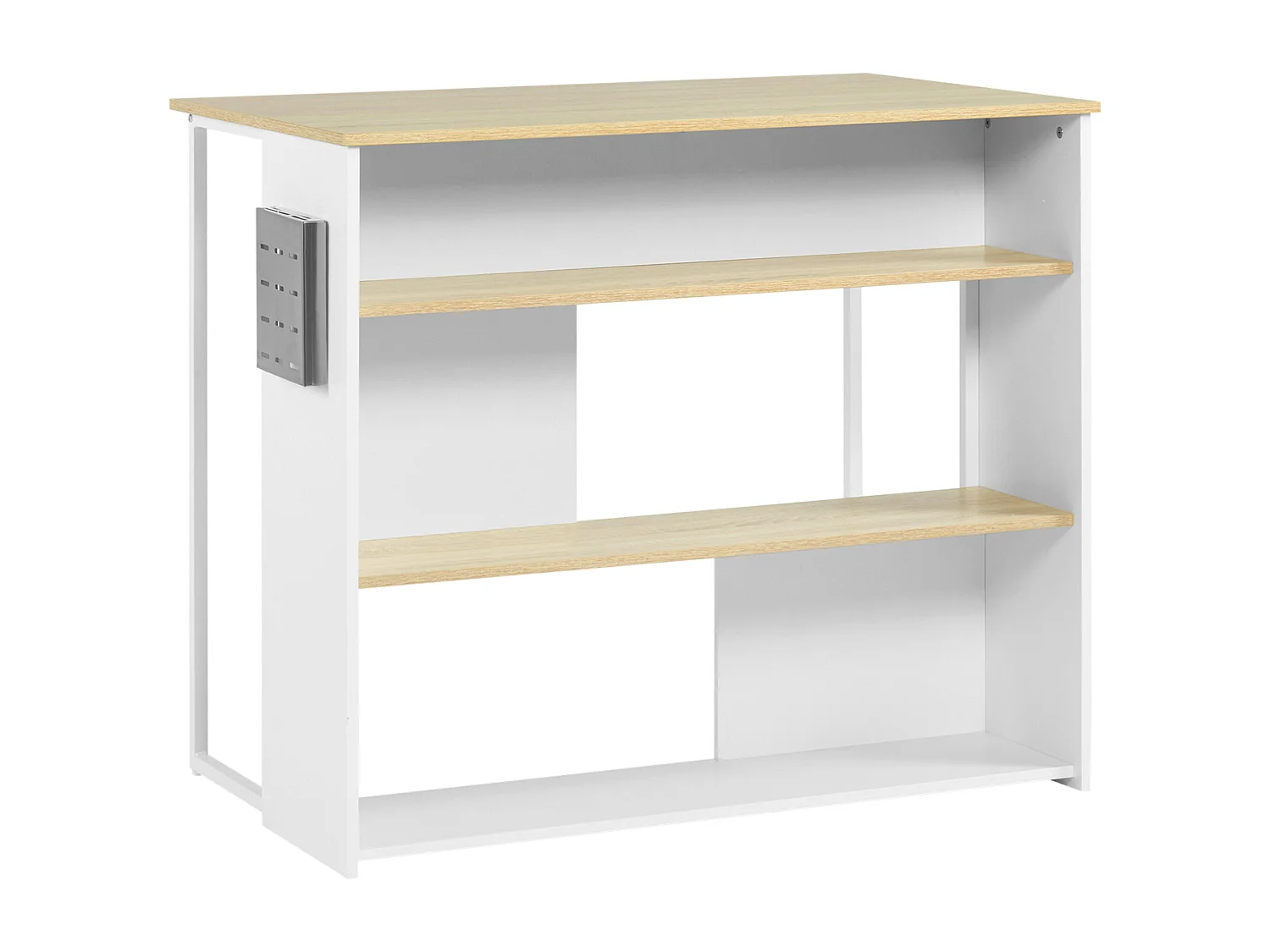 Ilot de cuisine table de bar - 3 étagères, porte-couteaux acier inox. - blanc aspect chêne clair