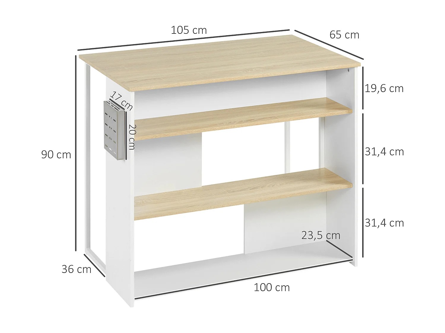 Ilot de cuisine table de bar - 3 étagères, porte-couteaux acier inox. - blanc aspect chêne clair