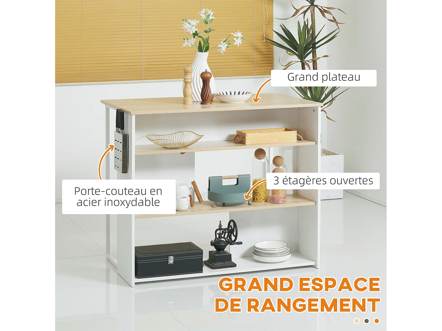 Ilot de cuisine table de bar - 3 étagères, porte-couteaux acier inox. - blanc aspect chêne clair