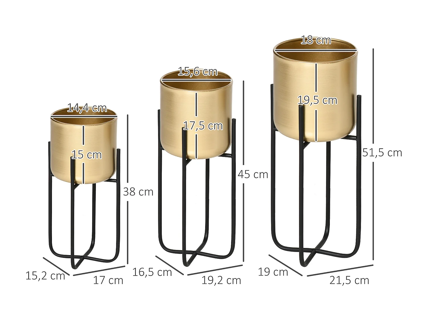 Supports de pots de fleurs design - supports à plantes - lot de 3 avec pots de fleurs - métal époxy noir doré