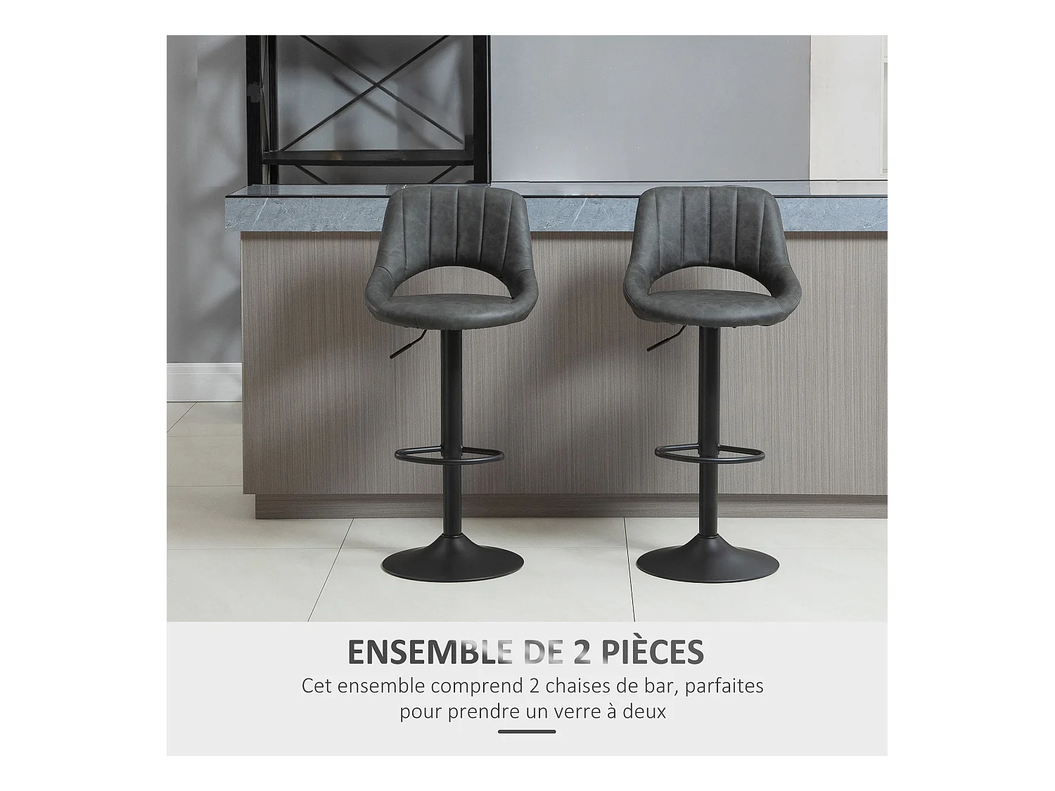 Lot de 2 tabourets de bar design contemporain réglable pivotant - repose-pied - métal PU noir