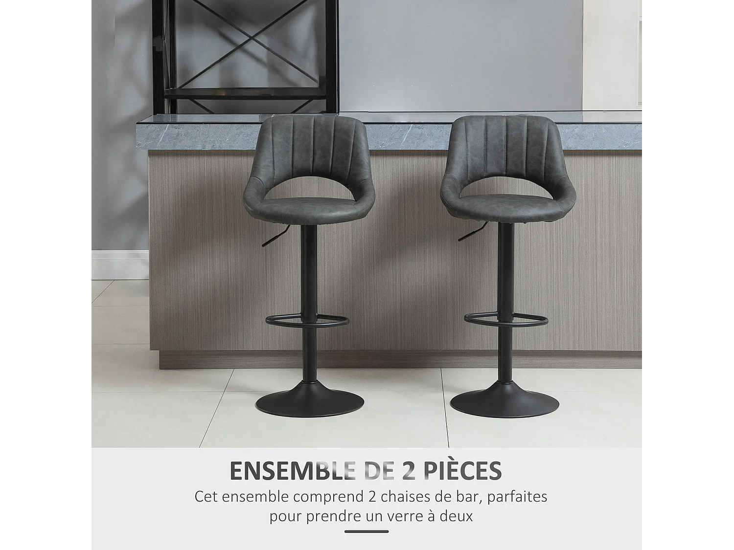 Lot de 2 tabourets de bar design contemporain réglable pivotant - repose-pied - métal PU noir