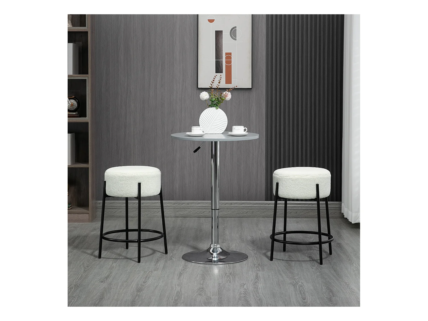 Lot de 2 tabourets de bar design - repose-pied - acier noir revêtement effet laine bouclée blanc