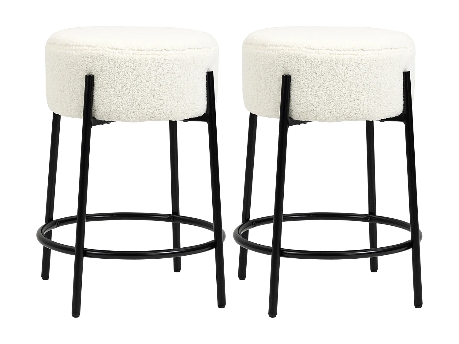 Lot de 2 tabourets de bar design - repose-pied - acier noir revêtement effet laine bouclée blanc