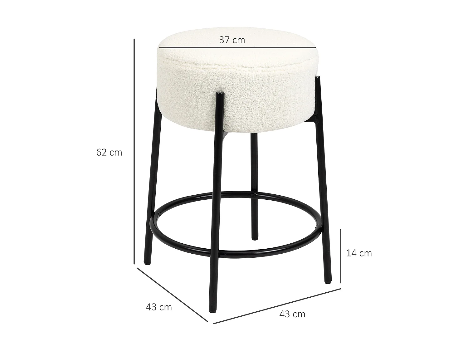 Lot de 2 tabourets de bar design - repose-pied - acier noir revêtement effet laine bouclée blanc