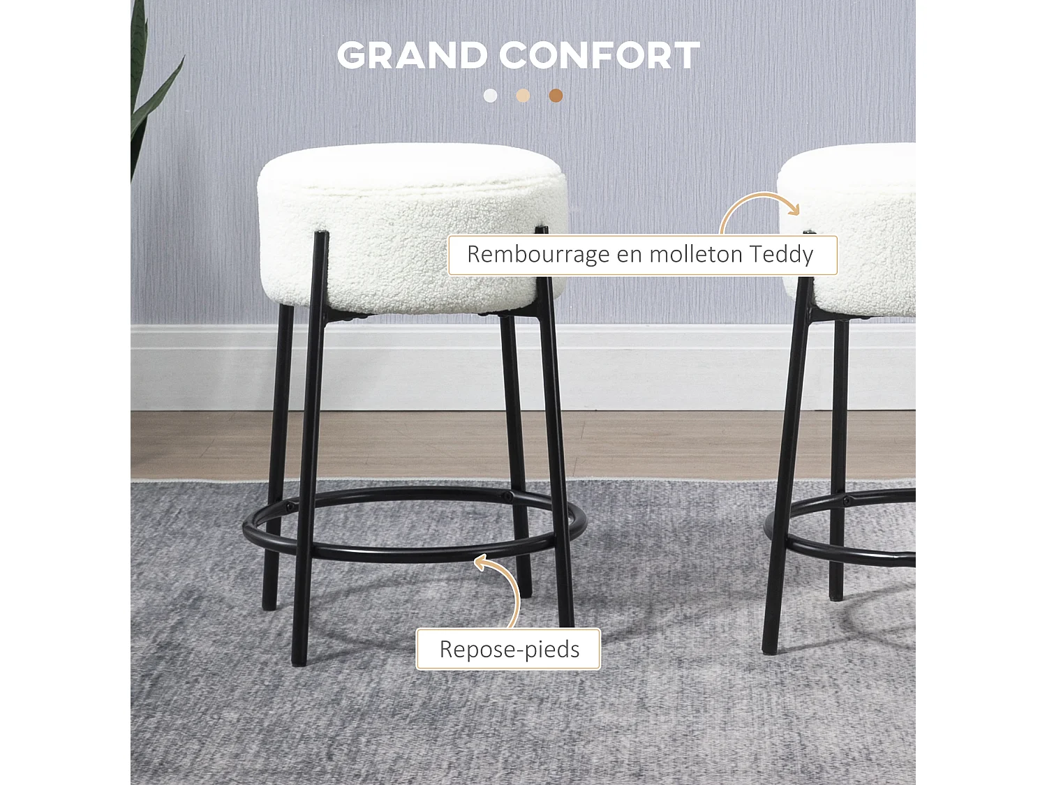 Lot de 2 tabourets de bar design - repose-pied - acier noir revêtement effet laine bouclée blanc
