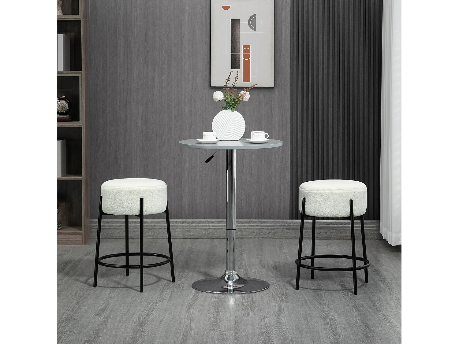 Lot de 2 tabourets de bar design - repose-pied - acier noir revêtement effet laine bouclée blanc