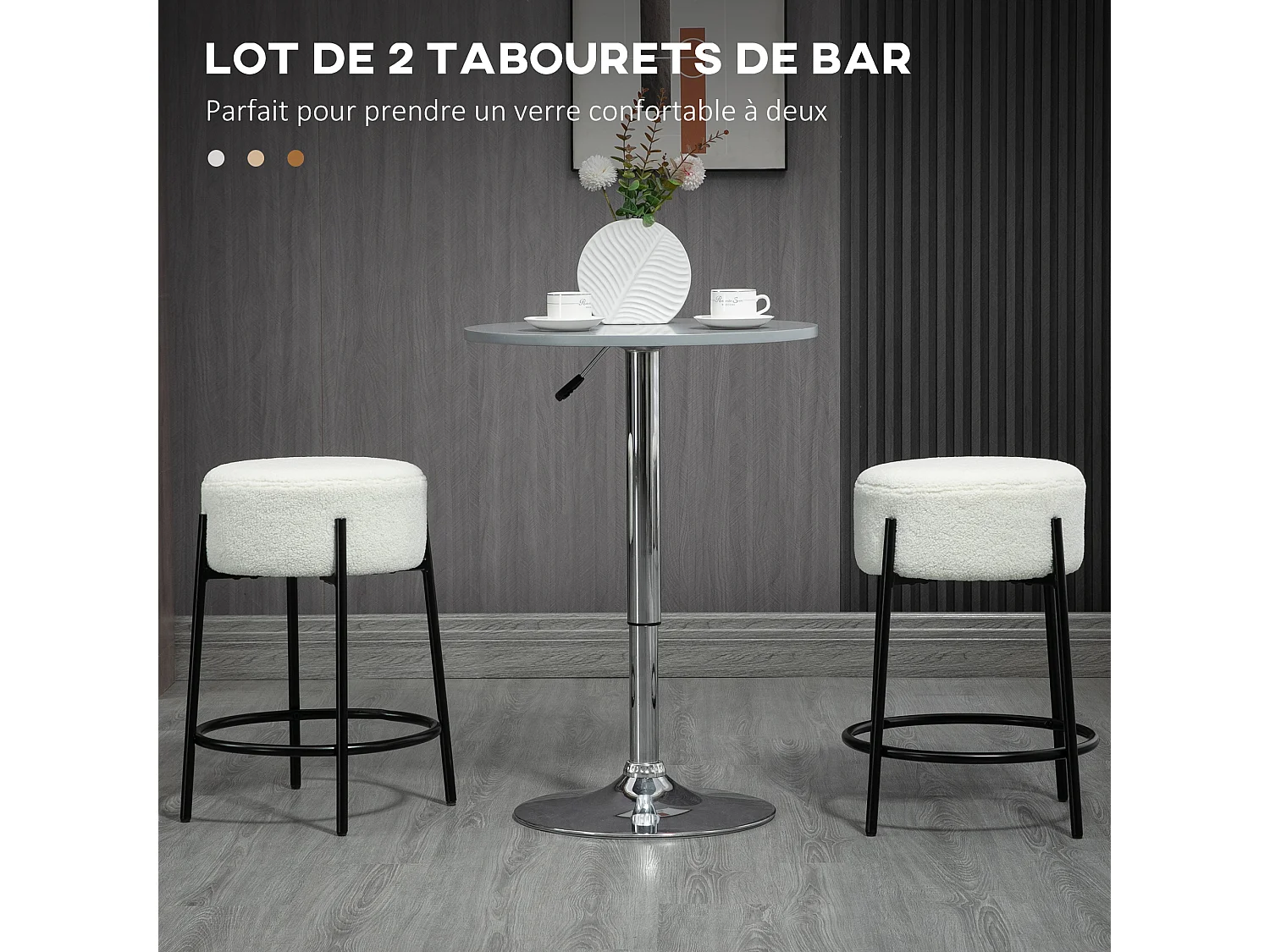 Lot de 2 tabourets de bar design - repose-pied - acier noir revêtement effet laine bouclée blanc