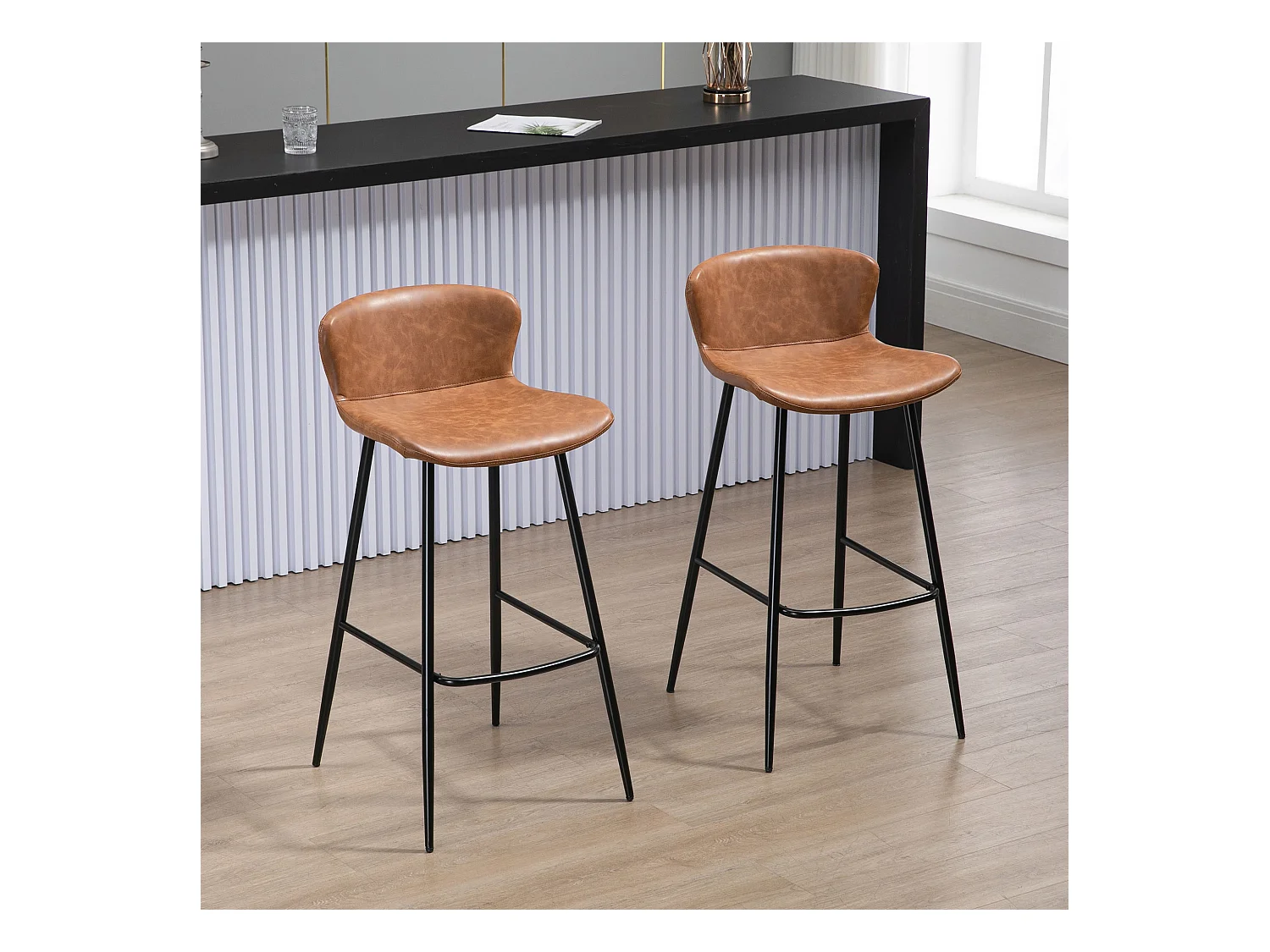 Lot de 2 tabourets de bar design vintage - repose-pied - acier noir PU marron