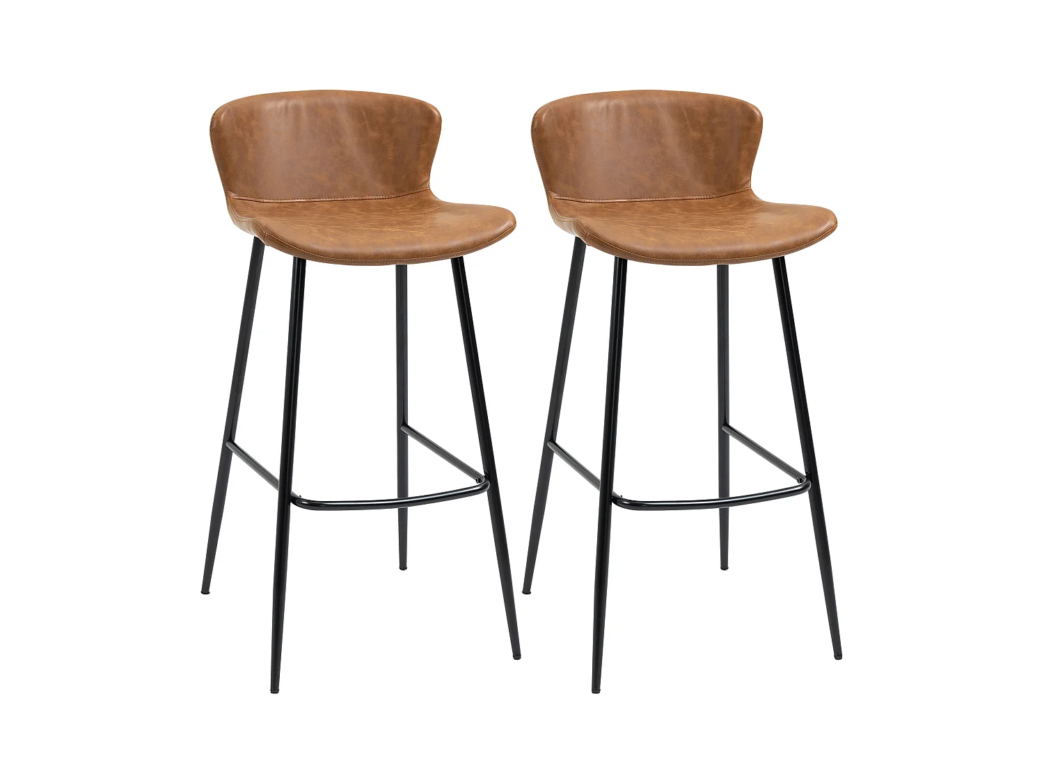 Lot de 2 tabourets de bar design vintage - repose-pied - acier noir PU marron
