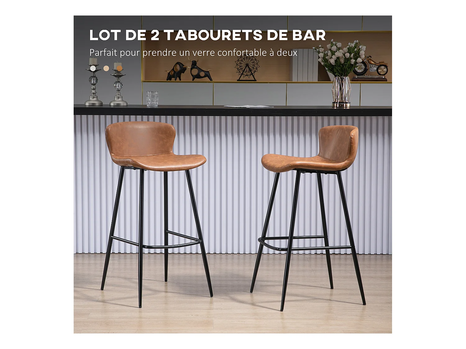 Lot de 2 tabourets de bar design vintage - repose-pied - acier noir PU marron