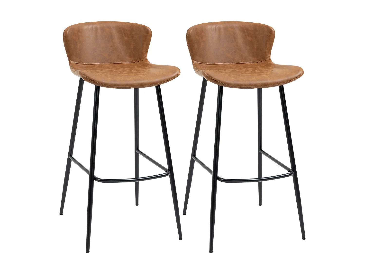 Lot de 2 tabourets de bar design vintage - repose-pied - acier noir PU marron