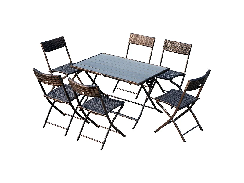 Ensemble salon de jardin 6 personnes grande table rectangulaire pliable + 6 chaises pliantes métal résine tressée PS chocolat