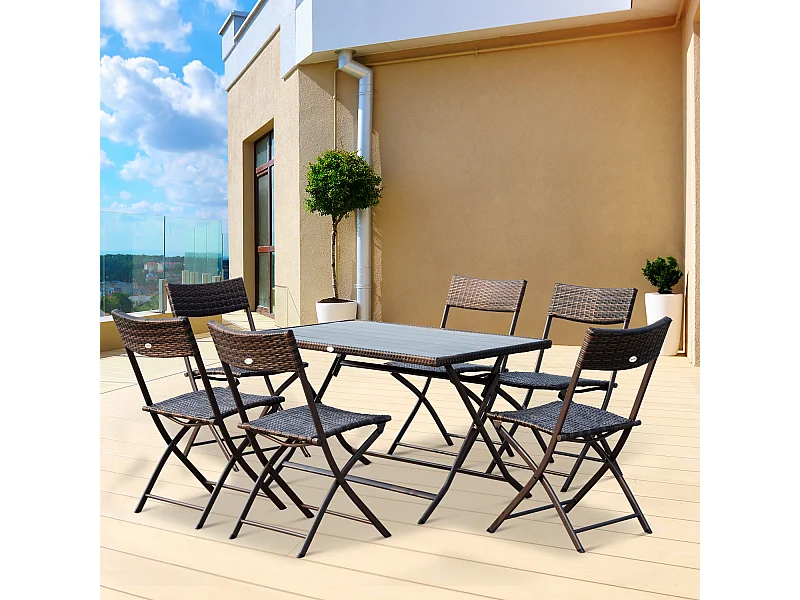 Ensemble salon de jardin 6 personnes grande table rectangulaire pliable + 6 chaises pliantes métal résine tressée PS chocolat