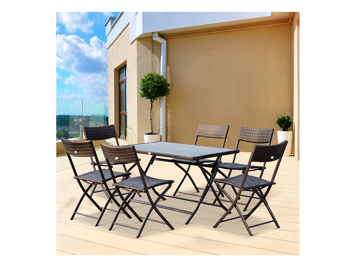 Ensemble salon de jardin 6 personnes grande table rectangulaire pliable + 6 chaises pliantes métal résine tressée PS chocolat