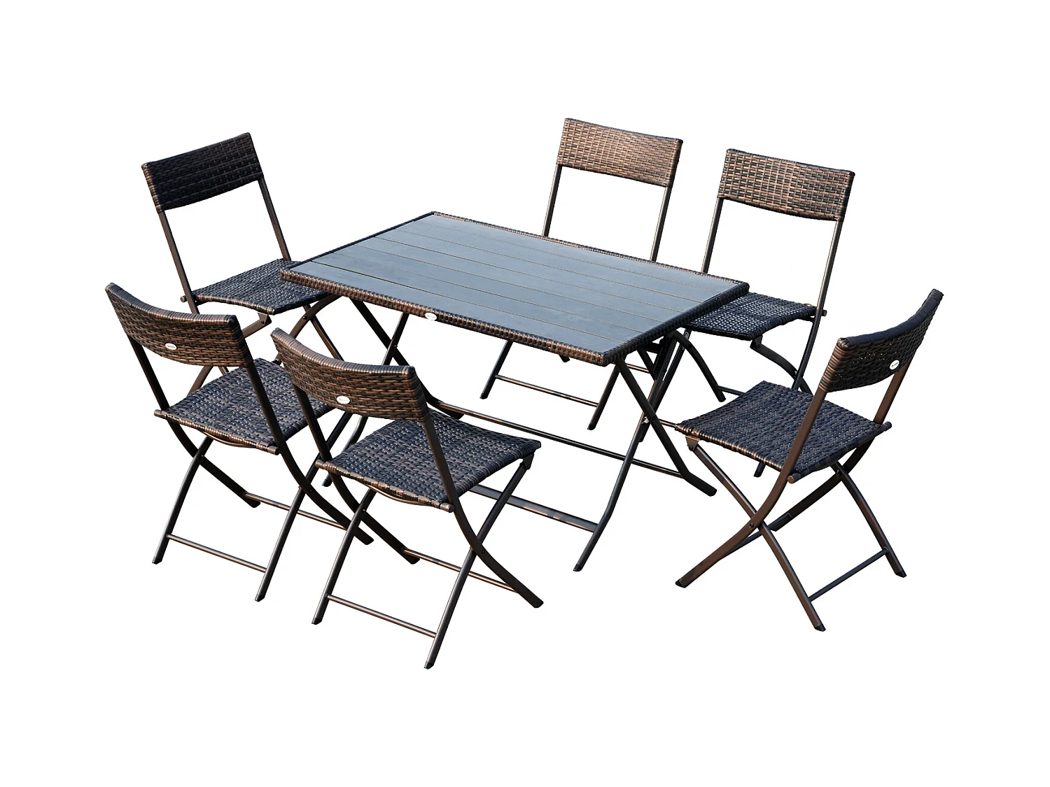 Ensemble salon de jardin 6 personnes grande table rectangulaire pliable + 6 chaises pliantes métal résine tressée PS chocolat