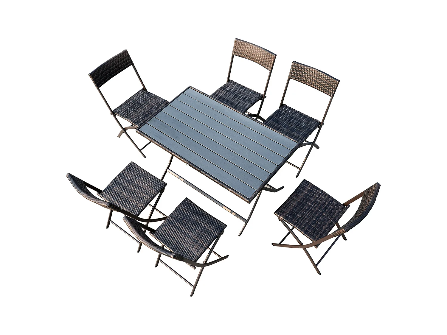 Ensemble salon de jardin 6 personnes grande table rectangulaire pliable + 6 chaises pliantes métal résine tressée PS chocolat