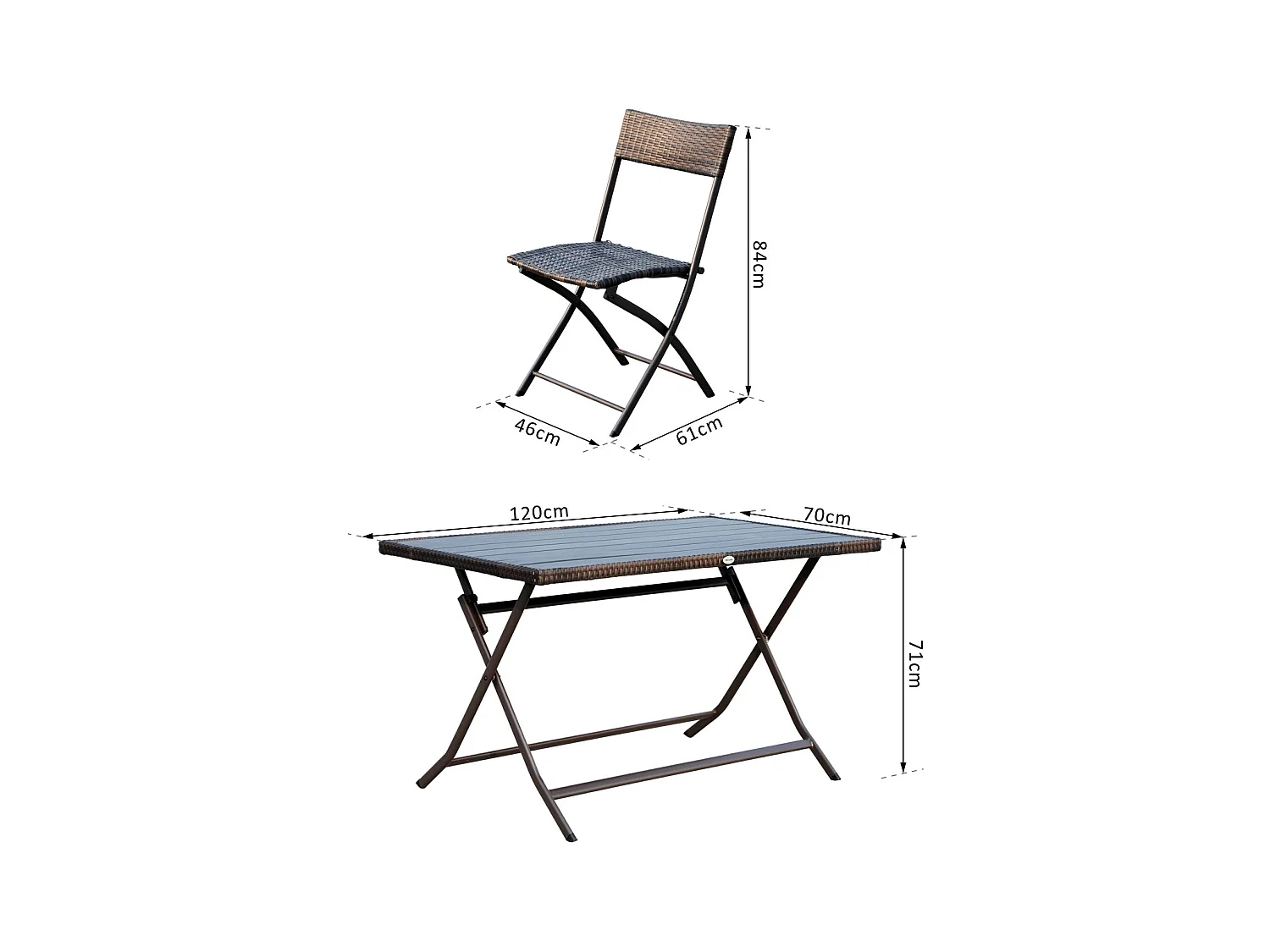 Ensemble salon de jardin 6 personnes grande table rectangulaire pliable + 6 chaises pliantes métal résine tressée PS chocolat