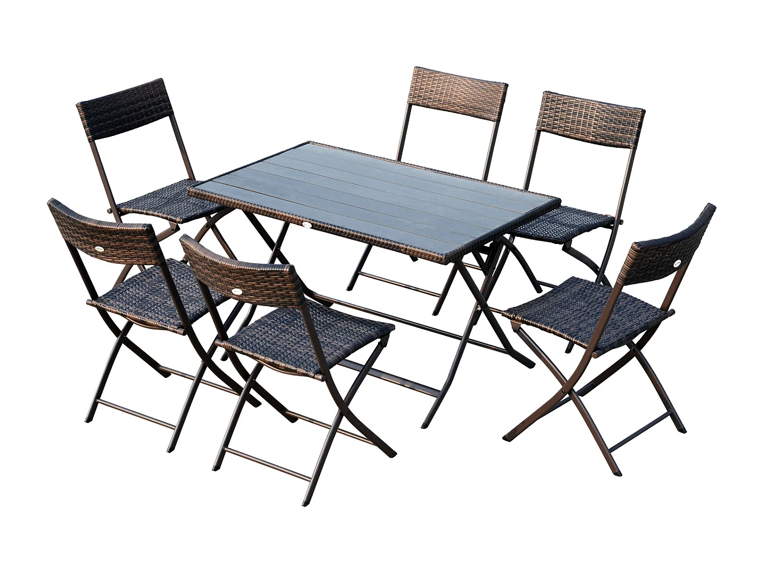 Ensemble salon de jardin 6 personnes grande table rectangulaire pliable + 6 chaises pliantes métal résine tressée PS chocolat