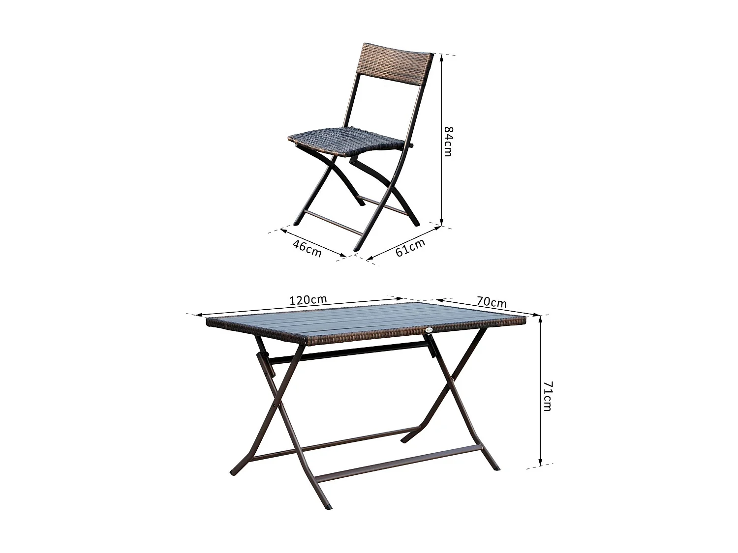 Ensemble salon de jardin 6 personnes grande table rectangulaire pliable + 6 chaises pliantes métal résine tressée PS chocolat