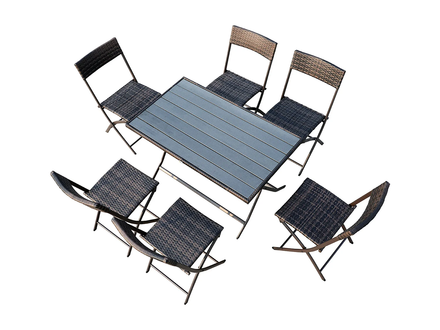 Ensemble salon de jardin 6 personnes grande table rectangulaire pliable + 6 chaises pliantes métal résine tressée PS chocolat