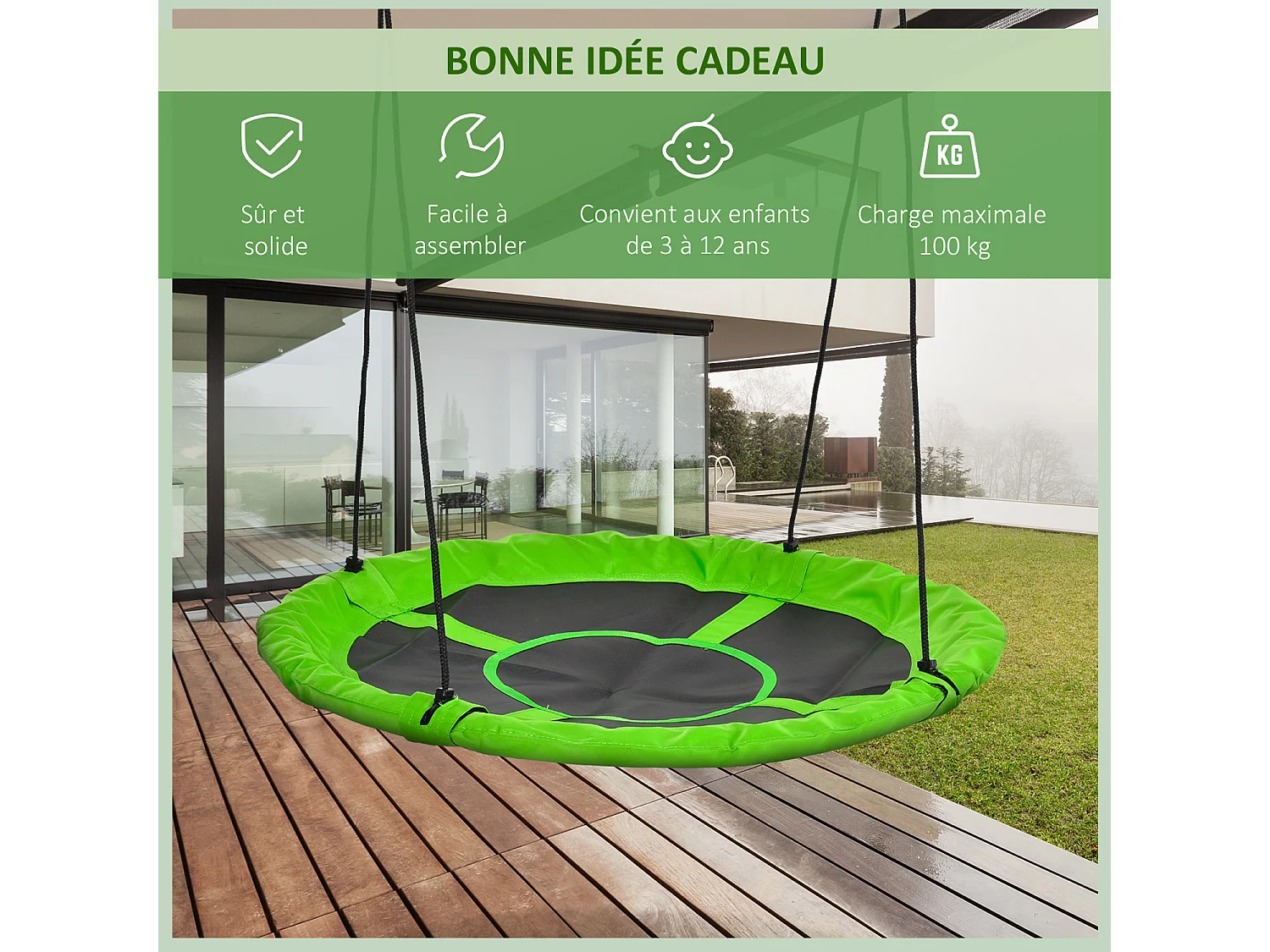 Balançoire nid d'oiseau ronde balançoire panier Ø 110 cm 4 anneaux inclus métal époxy Oxford haute densité vert