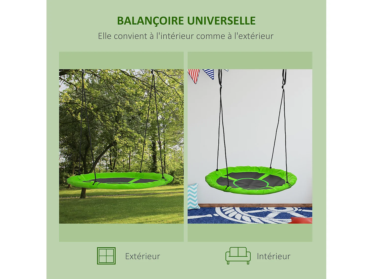 Balançoire nid d'oiseau ronde balançoire panier Ø 110 cm 4 anneaux inclus métal époxy Oxford haute densité vert