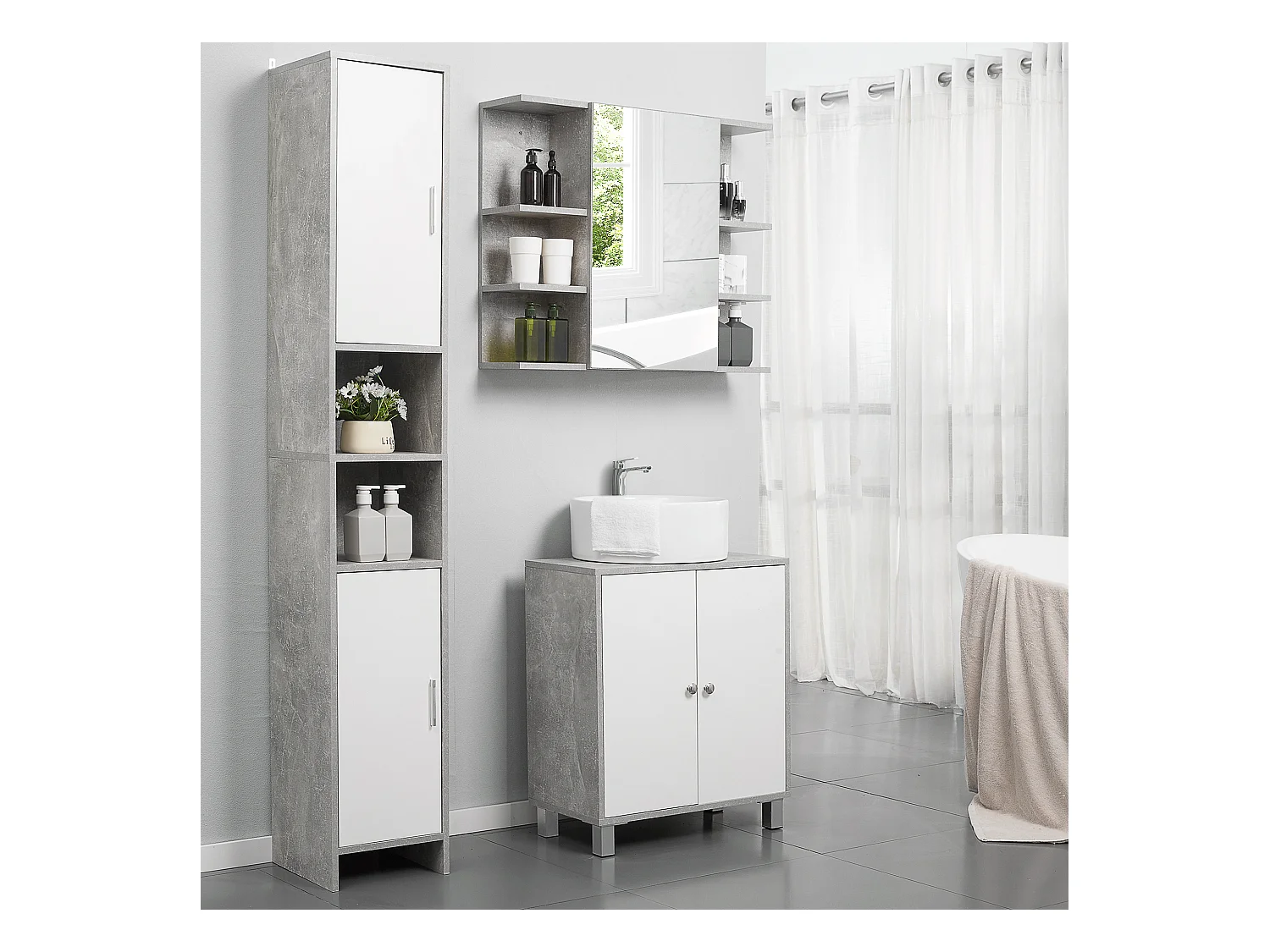 Meuble colonne rangement salle de bain dim. 30L x 30l x 180H cm 2 placards avec étagère + 2 niches panneaux particules aspect ciment blanc