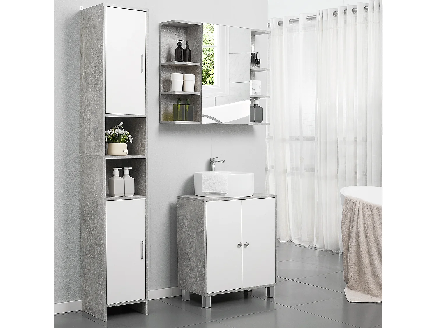 Meuble colonne rangement salle de bain dim. 30L x 30l x 180H cm 2 placards avec étagère + 2 niches panneaux particules aspect ciment blanc