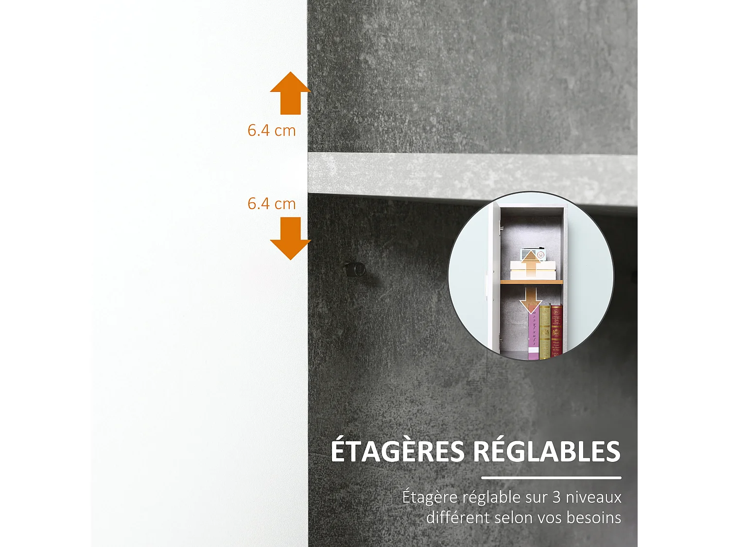 Meuble colonne rangement salle de bain dim. 30L x 30l x 180H cm 2 placards avec étagère + 2 niches panneaux particules aspect ciment blanc