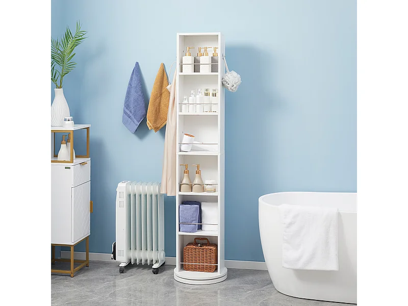 Meuble colonne de salle de bain pivotant avec miroir - 6 étagères - 36L x 36l x 171H cm - blanc