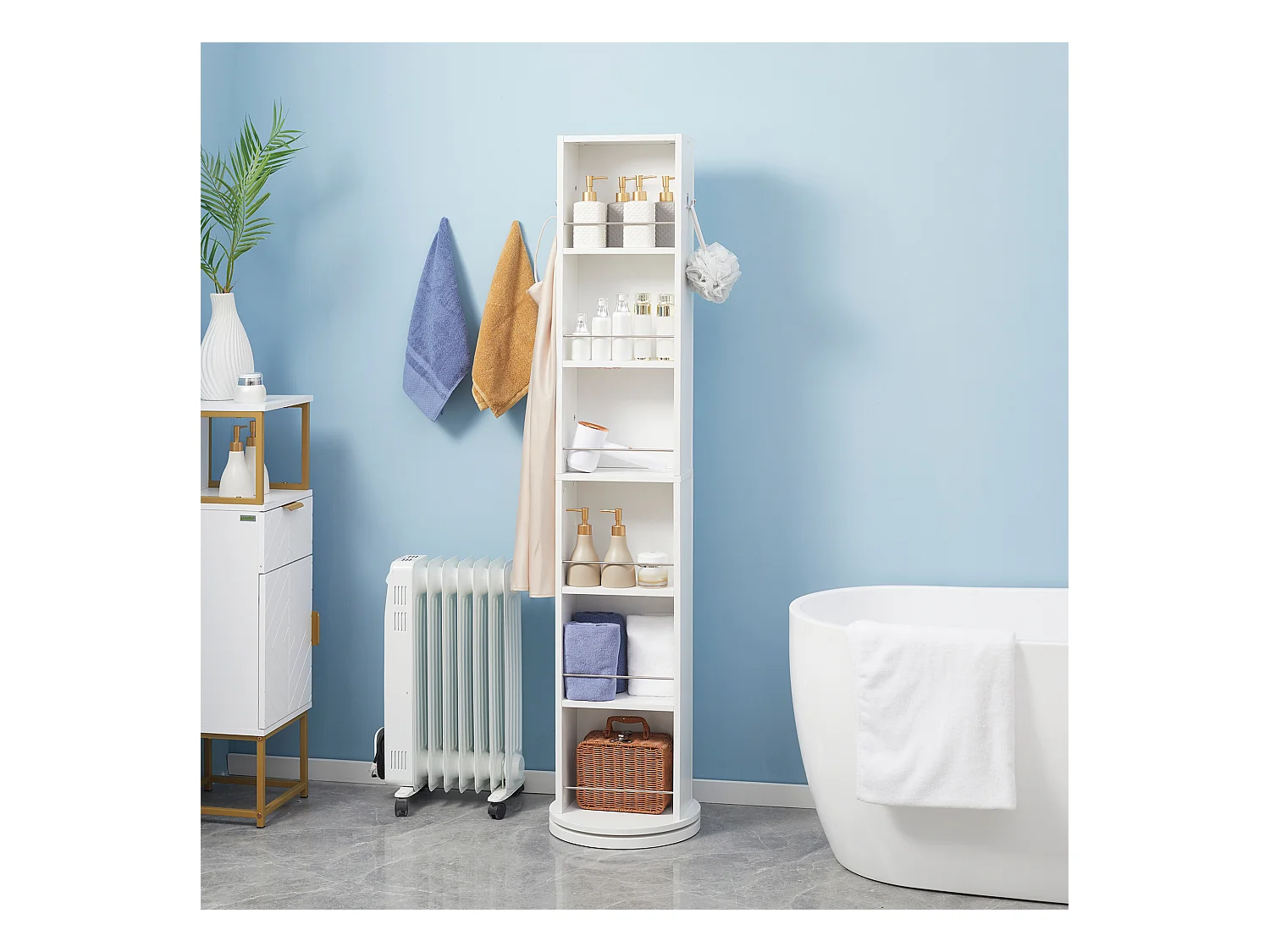 Meuble colonne de salle de bain pivotant avec miroir - 6 étagères - 36L x 36l x 171H cm - blanc