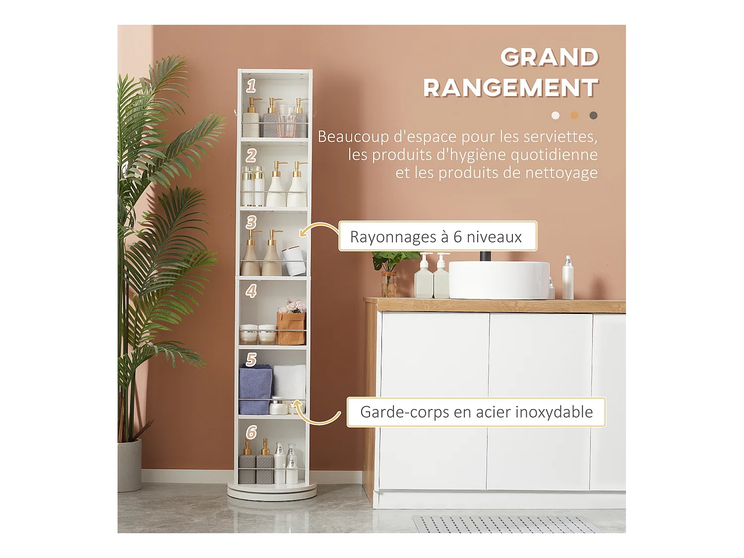 Meuble colonne de salle de bain pivotant avec miroir - 6 étagères - 36L x 36l x 171H cm - blanc