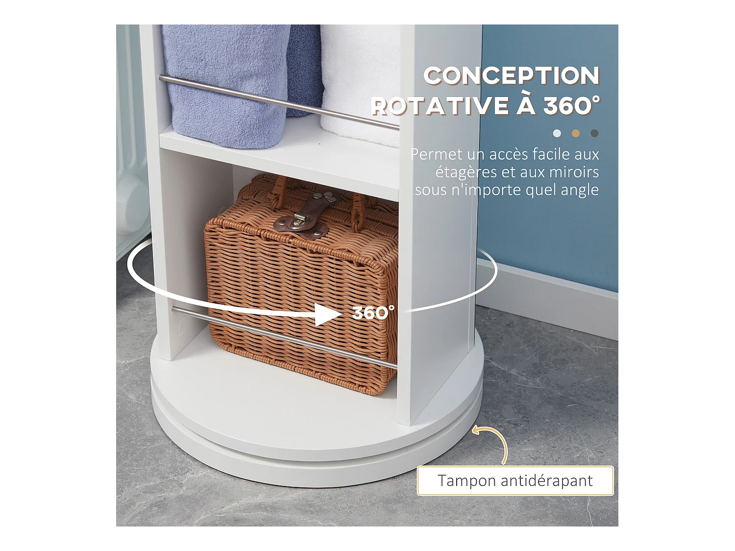 Meuble colonne de salle de bain pivotant avec miroir - 6 étagères - 36L x 36l x 171H cm - blanc