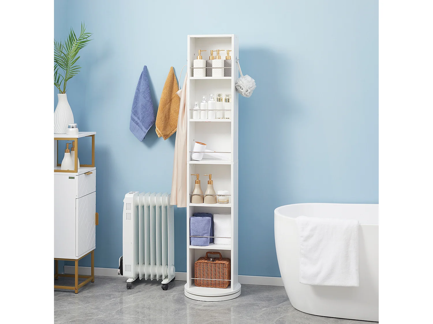 Meuble colonne de salle de bain pivotant avec miroir - 6 étagères - 36L x 36l x 171H cm - blanc