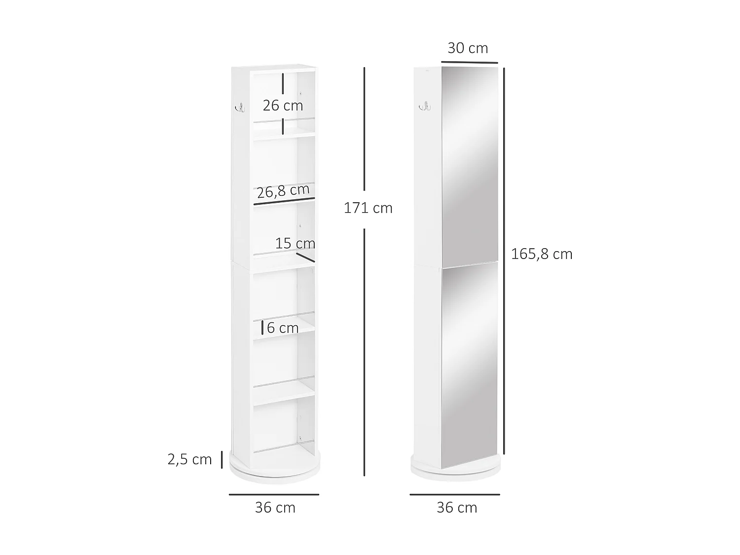 Meuble colonne de salle de bain pivotant avec miroir - 6 étagères - 36L x 36l x 171H cm - blanc