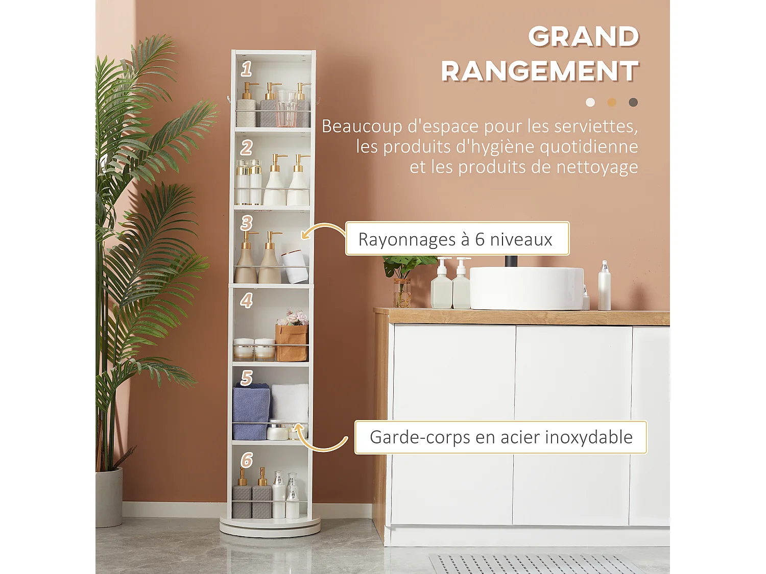 Meuble colonne de salle de bain pivotant avec miroir - 6 étagères - 36L x 36l x 171H cm - blanc