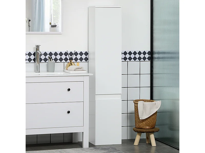Meuble colonne rangement salle de bain 2 placards 3 étagères style contemporain blanc