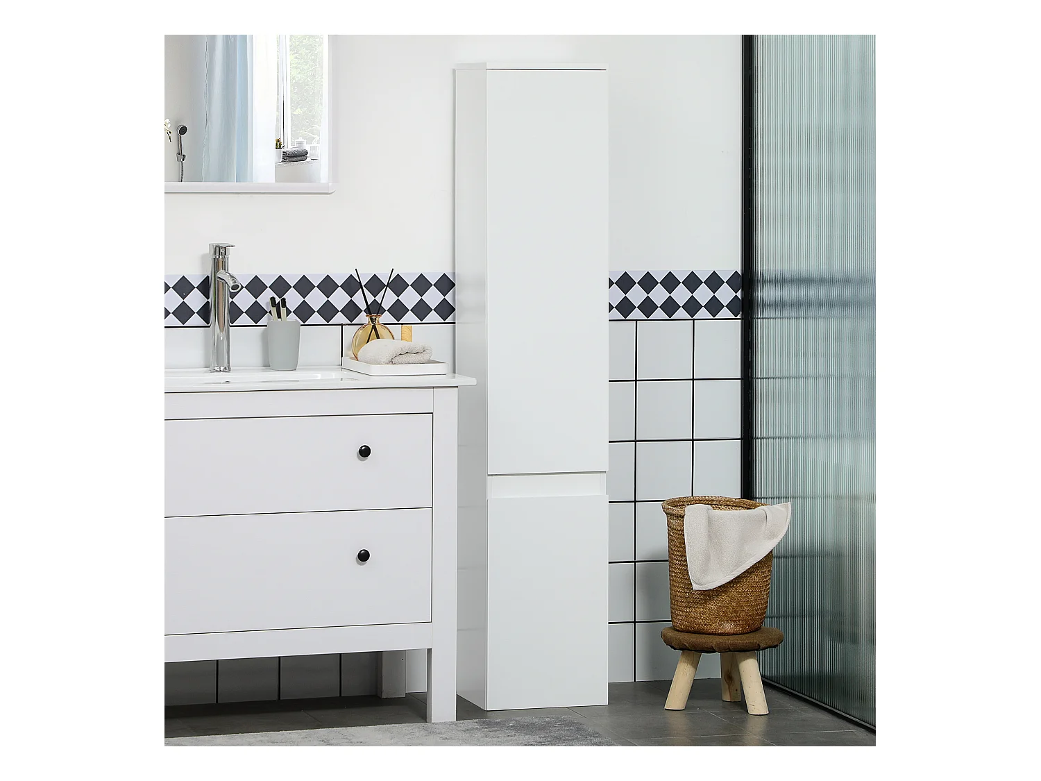 Meuble colonne rangement salle de bain 2 placards 3 étagères style contemporain blanc
