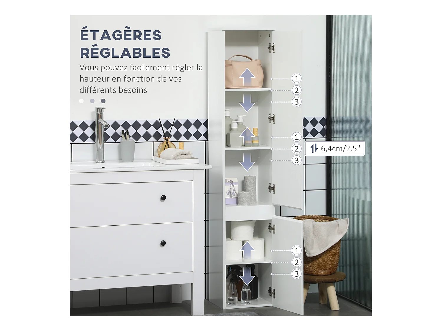 Meuble colonne rangement salle de bain 2 placards 3 étagères style contemporain blanc