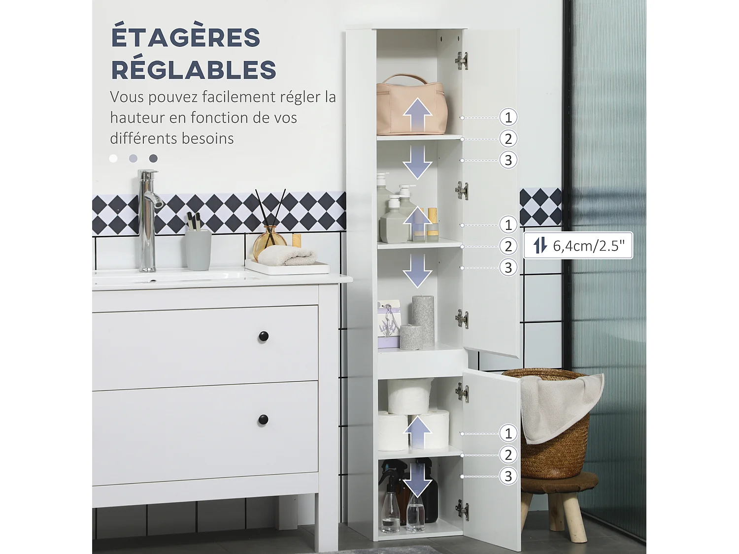 Meuble colonne rangement salle de bain 2 placards 3 étagères style contemporain blanc