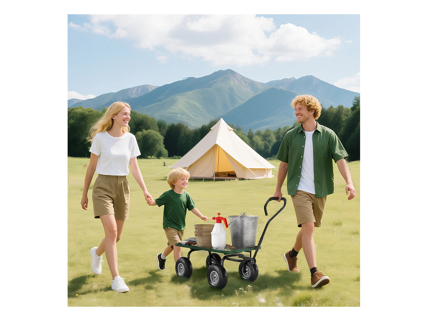 Chariot de transport jardin remorque à main charrette à bras 4 roues 94L x 48,5l x 100H cm charge max. 150 Kg métal vert