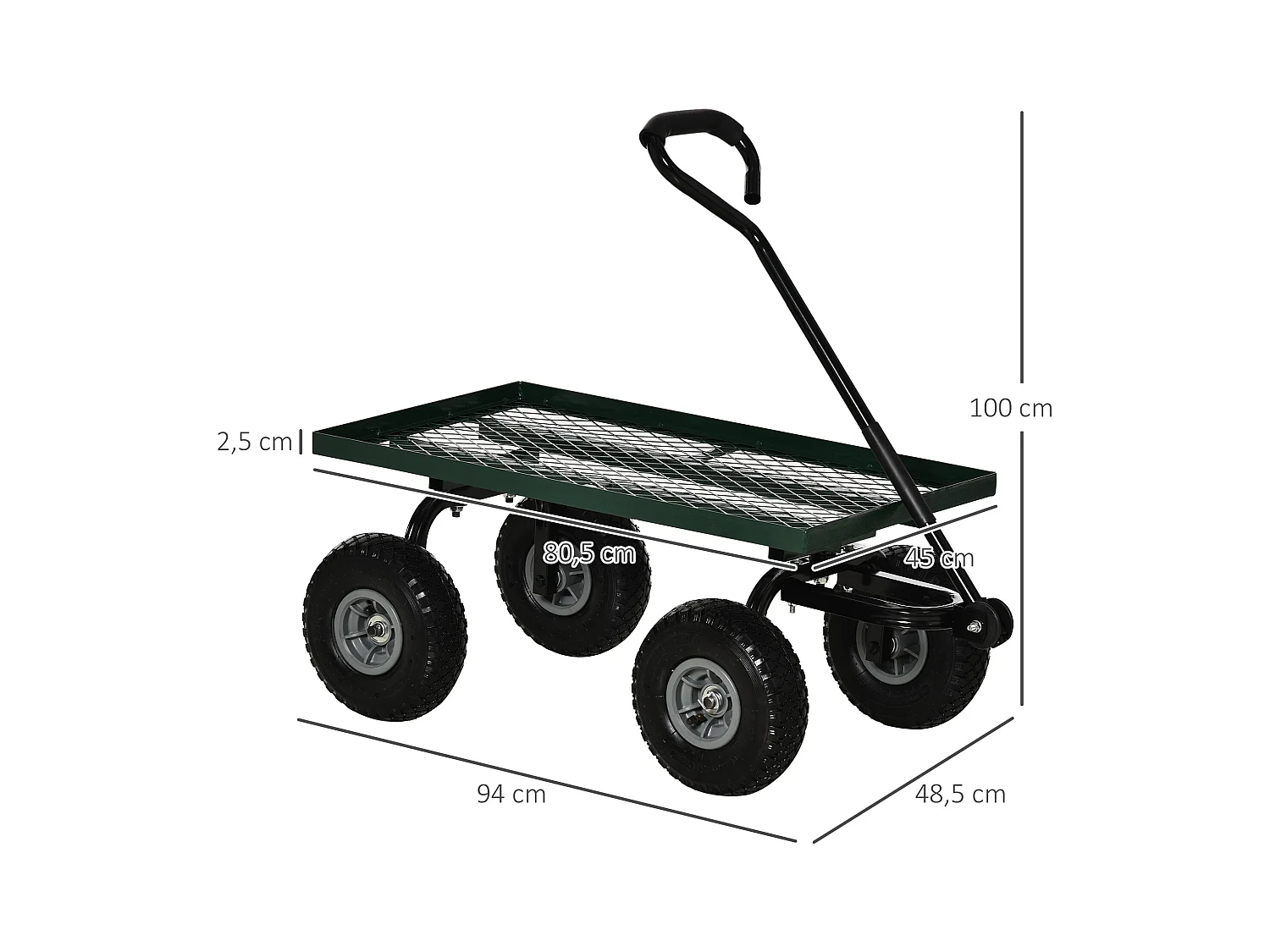 Chariot de transport jardin remorque à main charrette à bras 4 roues 94L x 48,5l x 100H cm charge max. 150 Kg métal vert