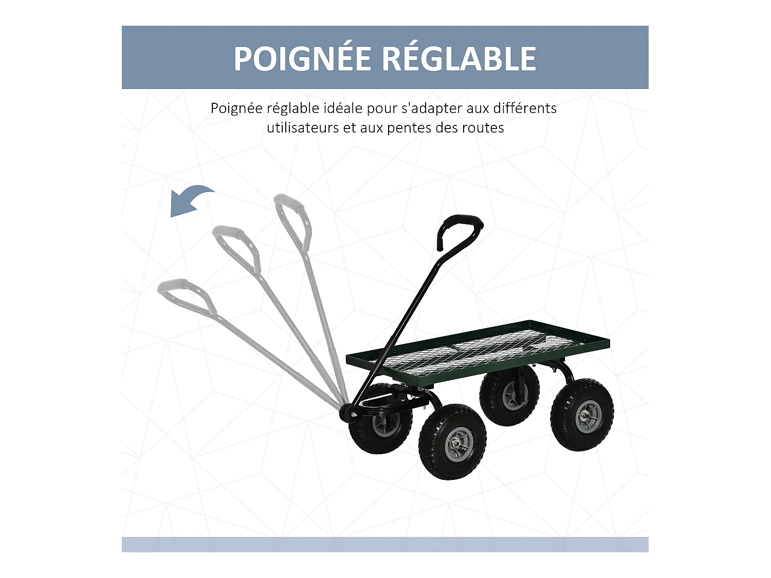 Chariot de transport jardin remorque à main charrette à bras 4 roues 94L x 48,5l x 100H cm charge max. 150 Kg métal vert