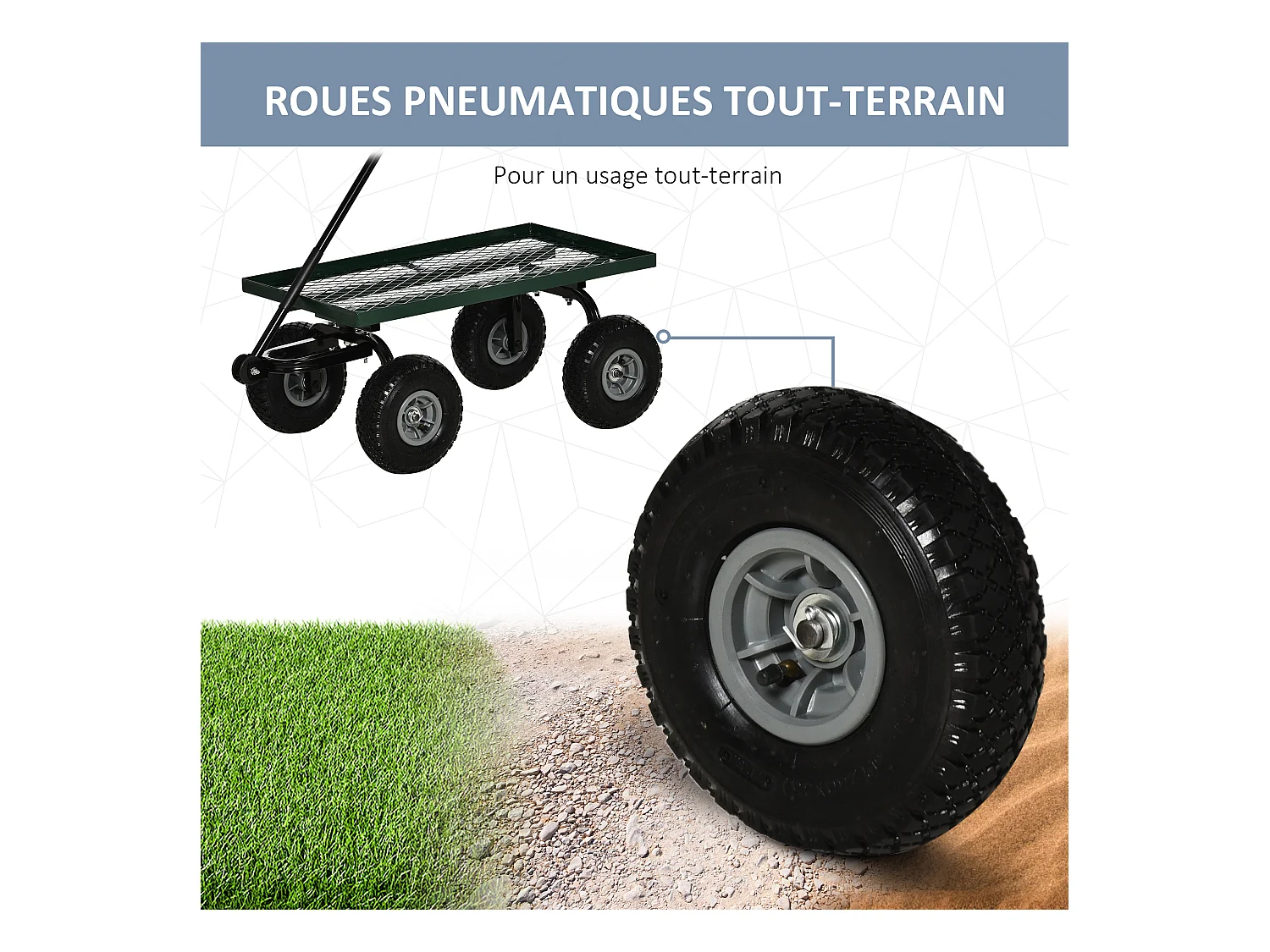 Chariot de transport jardin remorque à main charrette à bras 4 roues 94L x 48,5l x 100H cm charge max. 150 Kg métal vert